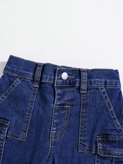 SHEIN سراويل جينز بطيات متعددة من الدنيم الأزرق عالي المرونة للأطفال الصبية، تشطيب مصقول، لملابس الربيع والصيف، ملابس مهرجانات وملابس الشارع.