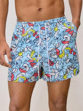 SHEIN X The Smurfs شورت كاجوال للرجال فضفاض منسوج مطبوع بالكرتون على السطح الأزرق، للشاطئ الهاواي