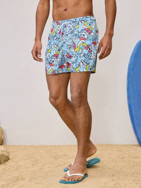 SHEIN X The Smurfs شورت كاجوال للرجال فضفاض منسوج مطبوع بالكرتون على السطح الأزرق، للشاطئ الهاواي