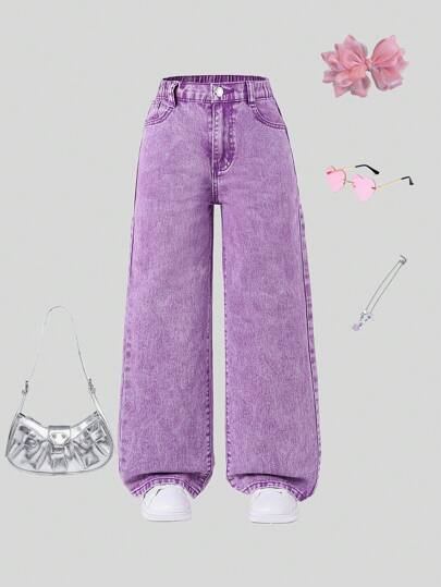 SHEIN ChillGRL بنطلون جينز مستقيم ذو خصر مطاطي بجيوب مسطحة للفتيات المراهقات في عصر Y2K، ملابس يومية لإطلالة مريحة
