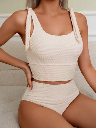 طقم تانكيني حريمي Swim Basics طقم سباحة تنكيني مكون من خمار وبذلة مع أربطة ربط للسيدات، بقماش مجعد بلون المشمش، مناسب للصيف والشاطئ والإجازة