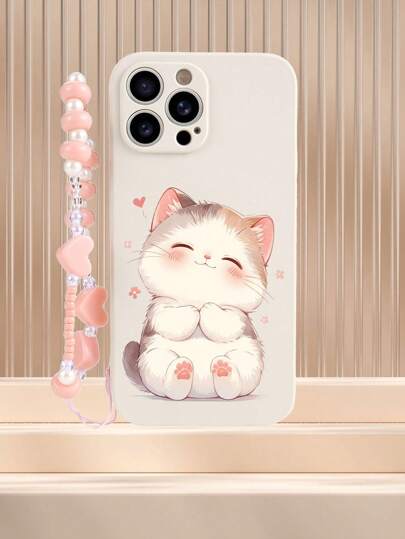 1 غطاء هاتف من TPU الأبيض بتصميم قطة جذابة مضاد للصدمات و1 سلسلة هاتف وردية مزينة بخرز على شكل قلب، متوافقة مع هواتف أبل/أندرويد/أوبو/جالاكسي