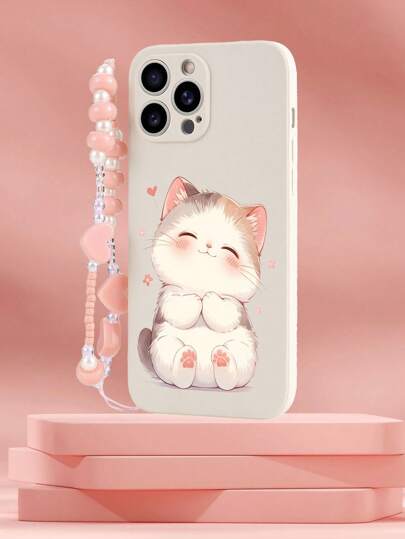 1 غطاء هاتف من TPU الأبيض بتصميم قطة جذابة مضاد للصدمات و1 سلسلة هاتف وردية مزينة بخرز على شكل قلب، متوافقة مع هواتف أبل/أندرويد/أوبو/جالاكسي