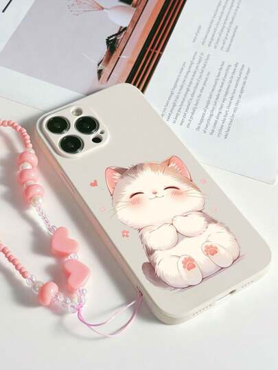 1 غطاء هاتف من TPU الأبيض بتصميم قطة جذابة مضاد للصدمات و1 سلسلة هاتف وردية مزينة بخرز على شكل قلب، متوافقة مع هواتف أبل/أندرويد/أوبو/جالاكسي