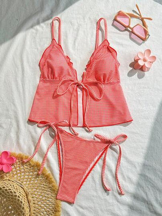 طقم تانكيني حريمي Swim Mod مجموعة بكيني مطبوع بزهور مناسب للعطلات الربيعية، قطعتان قبعة للسيدات، قماش خاص بأحزمة كتف قابلة للتعديل، ملابس سباحة