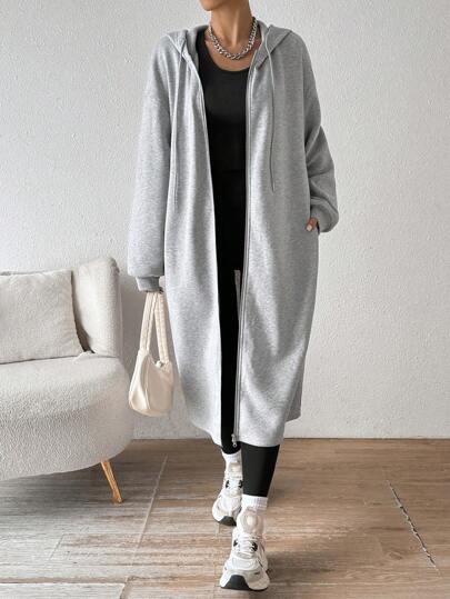 SHEIN EZwear معطف رمادي بغطاء للرأس متوسط الطول مبطن بالصوف للنساء، للخريف والشتاء