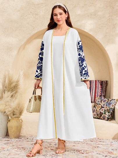 SHEIN جاكيت كاجوال طويلة الأكمام للبنات المراهقات، بطبعات زهرية ومعدنية، باللون الأزرق، مناسبة للربيع والصيف