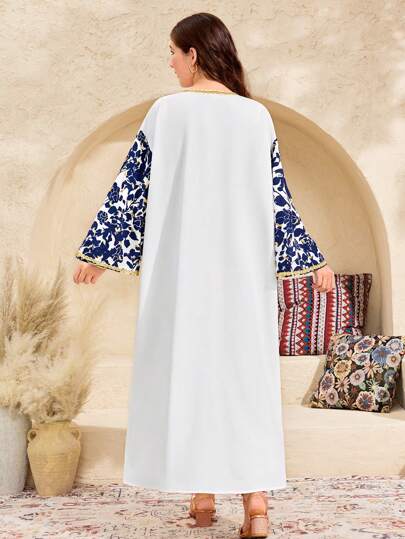SHEIN جاكيت كاجوال طويلة الأكمام للبنات المراهقات، بطبعات زهرية ومعدنية، باللون الأزرق، مناسبة للربيع والصيف