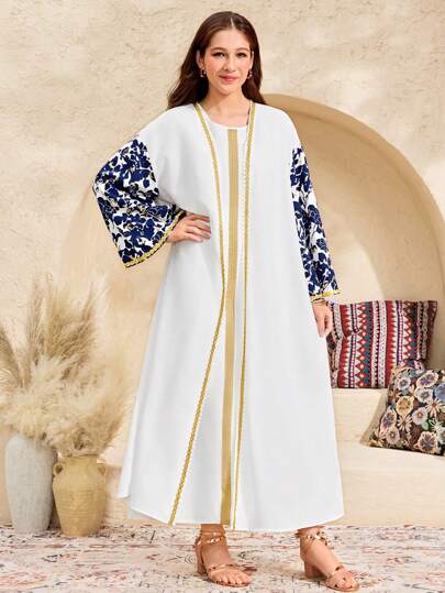 SHEIN جاكيت كاجوال طويلة الأكمام للبنات المراهقات، بطبعات زهرية ومعدنية، باللون الأزرق، مناسبة للربيع والصيف