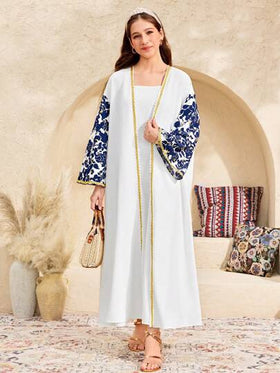 SHEIN جاكيت كاجوال طويلة الأكمام للبنات المراهقات، بطبعات زهرية ومعدنية، باللون الأزرق، مناسبة للربيع والصيف