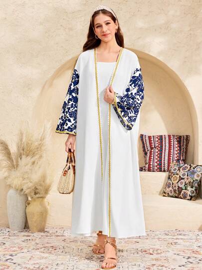 SHEIN جاكيت كاجوال طويلة الأكمام للبنات المراهقات، بطبعات زهرية ومعدنية، باللون الأزرق، مناسبة للربيع والصيف
