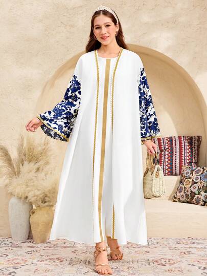 SHEIN جاكيت كاجوال طويلة الأكمام للبنات المراهقات، بطبعات زهرية ومعدنية، باللون الأزرق، مناسبة للربيع والصيف