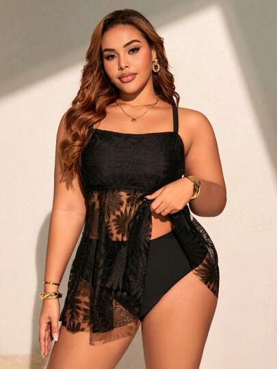 Swim Lushoire مجموعة بدلة سباحة للمرأة البدينة بطبعة زهرة عباد الشمس من نسيج الجاكار، صيفية واسترخائية، شيال علوي وقطعة سفلية