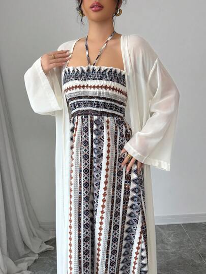 طقم حريمي قطعتين Modelyn طقم ملابس علوية وفستان لون أساسي ذو أكمام طويلة للنساء، بسيط وقليل الزخرفة, قطعتان