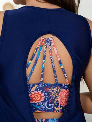 Swim Lushoire مجموعة تانكيني من 3 قطع مقاس كبير للنساء بطباعة عشوائية رجعي بوهيمي للصيف، تانكيني محافظ بظهر مكشوف لأعلى