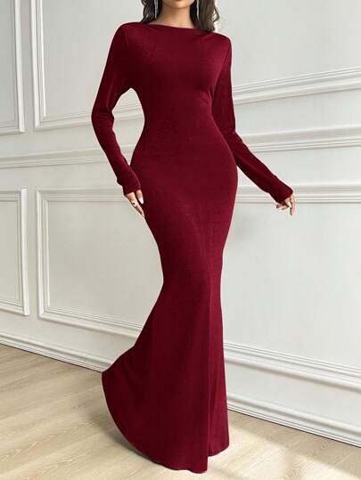 Modelyn فستان أنيق طويل للسهرة ، أنثوي ذو موحد اللون وأكمام طويلة ، قصة ممشوقة الجسم