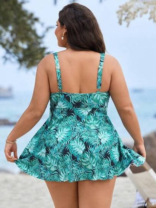 Swim Lushoire مجموعة سباحة ونقشات أوراق نباتية استوائية عشوائية للمقاسات الكبيرة 2 قطعة، قميص تنك مع تجاعيد أمامية متقاطعة وأربطة قابلة للتعديل، مع شورت سباحة بخصر عالي، مناسب للعطلات الشاطئية الأنيقة للنساء