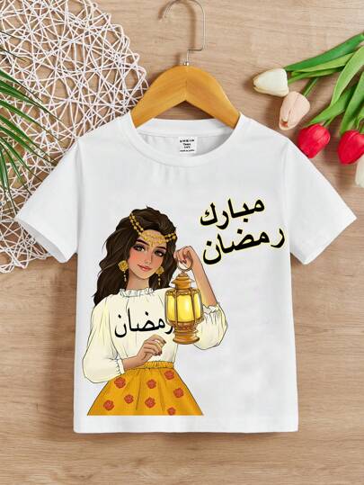ملابس بناتي تي شيرت كاجوال بياقة مستديرة مطبوع عليه رسوم كرتونية للفتيات المراهقات، كم قصير