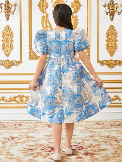 SHEIN فستان قصير مضلع الأكمام مناسب لفتيات المراهقات،قماش جاكار