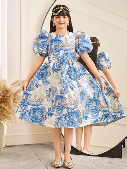 SHEIN فستان قصير مضلع الأكمام مناسب لفتيات المراهقات،قماش جاكار