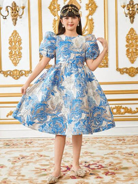 SHEIN فستان قصير مضلع الأكمام مناسب لفتيات المراهقات،قماش جاكار