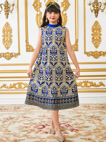 SHEIN 2 قطعة مجموعة للفتيات الناشئات: معطف غير رسمي أنيق مزين بشريط ، وفستان بطبعات رائعة