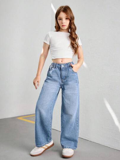 بنطلون جينز للبنات المراهقات الفاتنات ذو تصميم واسع وفضفاض، بنطلون جينز قطني مستقيم للاستخدام اليومي