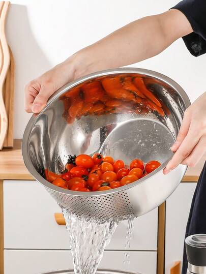 وعاء شطف الأرز مصنوع من الفولاذ المقاوم للصدأ ذو قاعدة مائلة، سلة تصفية وتصريف الخضروات، مصفاة مطبخ، لوازم مدرسية، هدية عيد الميلاد