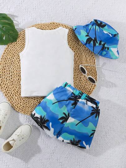3 قطعة/طقم رضيع أطفال أولاد ملابس صيفية عادية تتكون من سترة بلا أكمام مطبوع عليها أشجار جوز الهند وحرف + شورت + قبعة