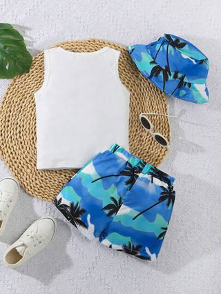 3 قطعة/طقم رضيع أطفال أولاد ملابس صيفية عادية تتكون من سترة بلا أكمام مطبوع عليها أشجار جوز الهند وحرف + شورت + قبعة