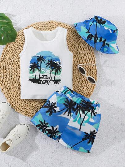 3 قطعة/طقم رضيع أطفال أولاد ملابس صيفية عادية تتكون من سترة بلا أكمام مطبوع عليها أشجار جوز الهند وحرف + شورت + قبعة