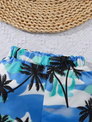 3 قطعة/طقم رضيع أطفال أولاد ملابس صيفية عادية تتكون من سترة بلا أكمام مطبوع عليها أشجار جوز الهند وحرف + شورت + قبعة