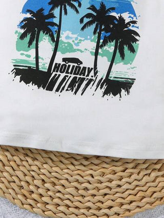 3 قطعة/طقم رضيع أطفال أولاد ملابس صيفية عادية تتكون من سترة بلا أكمام مطبوع عليها أشجار جوز الهند وحرف + شورت + قبعة