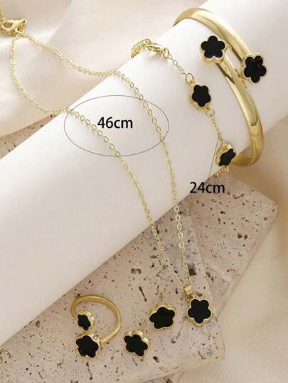 6 قطع مجموعة مجوهرات الزهرة الخماسية الأوراق- طراز أنيق ريترو- قلادة الزهرة السعيدة، سوار، أقراط، هدايا عيد الأم، عيد الأم، عيد الحب