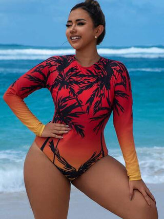 Swim SPRTY بوديسوت نسائية كاملة الحجم مطبوعة بنقشات الكوكب والأشجار المدارية بدرجات لونية، بظهر محفور متطاول حتى الأكمام، ملابس استجمام رياضية السباحة
