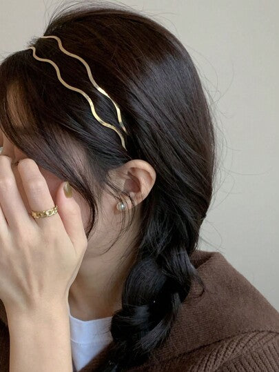 قطعتان شريط شعر معدني ذهبي اللون موجي أنيق للنساء، شريط رأس منحني، شريط رأس رفيع هندسي للاستخدام اليومي والحفلات والأناقة، إكسسوارات شعر، أغطية الرأس