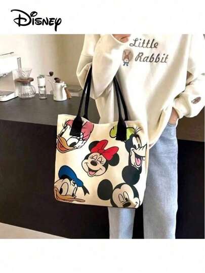 Disney حقيبة قماشية كبيرة السعة بطبعة الكرتون الديزني، حقيبة كتف موضة للنساء، حقيبة يومية متعددة الاستخدامات للتسوق اليومي