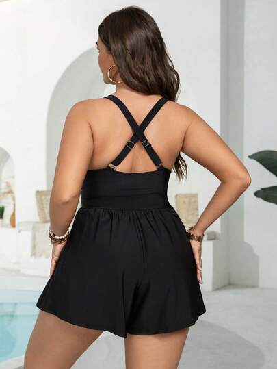 Swim Lushoire بدلة سباحة فضفاضة بياقة مربعة كاجوال رياضية للمقاسات الكبيرة، مناسبة للصيف والشاطئ والرحلات