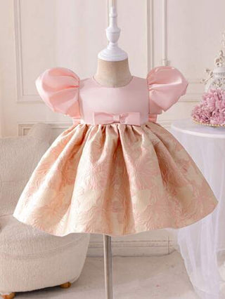 فساتين بيبي Glamorique Kids فستان أميرة للبنات الصغيرات، مزين بالعقدة، من قماش نسيج جاكارد بنقشات زهرية، من خامة ممتازة، فستان جاكارد أنيق وأنثوي، مناسب للحفلات الراقية الأوروبية والأمريكية، والأداءات والمناسبات الرسمية