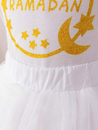 Glamorique Kids طقم تيشيرت وتنورة سلك جميلة للأطفال الصغار بطبعة نجمة وهلال رمضانية، للربيع والصيف