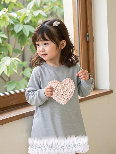 فستان أطفال Genkimix Kids فستان بطبعة حرف بوليو رمادي بسيط كاجوال للفتيات