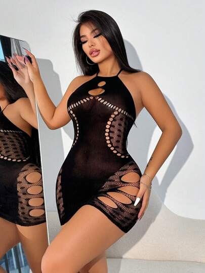 لانجيري حريمي Classic Sexy فستان قصير لل نساء مثير بياقة حلقة وبدون أكمام مفتوح في الأسفل قطعة واحدة
