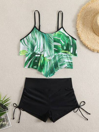 طقم تانكيني حريمي Swim مجموعة تانكيني مكونة من قطعتين (توب وسروال) ذو طبعة أوراق نباتية استوائية مع كشكشة على الأطراف، لأجواء الصيف والعطلات الشاطئية، بطراز بوهيمي فيستيفال