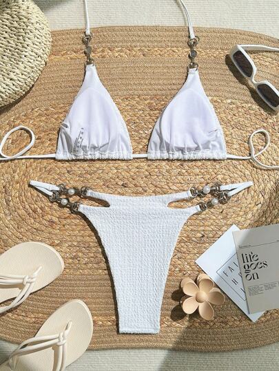 Swim SXY مجموعة بكيني نسائية صيفية أبيضاء بتصميم حوالي الرقبة ، زينة باللؤلؤ ، ملابس شاطئية