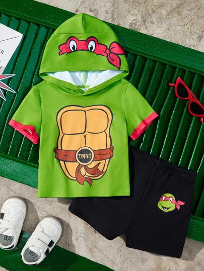 مايوه أولادي TEENAGE MUTANT NINJA TURTLES X  مجموعة طفل ولد مكونة من قطعتين، تي شيرت أخضر مطبوع بطريقة جميلة مع قبعة ، وشورت أسود كاجوال متعدد الاستخدامات