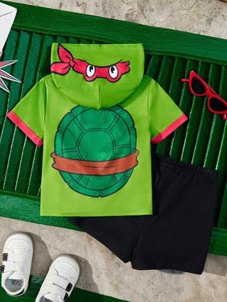 مايوه أولادي TEENAGE MUTANT NINJA TURTLES X  مجموعة طفل ولد مكونة من قطعتين، تي شيرت أخضر مطبوع بطريقة جميلة مع قبعة ، وشورت أسود كاجوال متعدد الاستخدامات