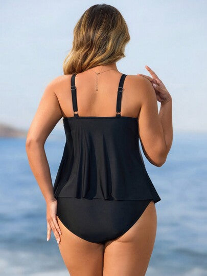 طقم تانكيني حريمي Swim Lushoire مجموعة بكيني صيفي للنساء بألوان ساده، بحمالات رفيعة بدون أكمام، بتنورة قصيرة بحافة متدلية والخصر عالي ،قميص كاجوال