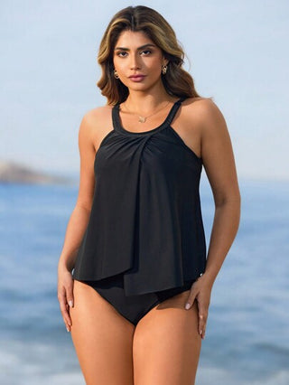 طقم تانكيني حريمي Swim Lushoire مجموعة بكيني صيفي للنساء بألوان ساده، بحمالات رفيعة بدون أكمام، بتنورة قصيرة بحافة متدلية والخصر عالي ،قميص كاجوال