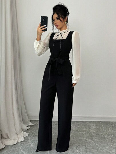 SHEIN PETITE طقم بدلة نسائية أنيقة وملائمة بلونين متباينين وخصر عالي، مع قميص قطعتان