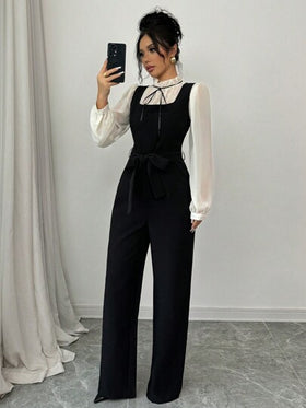 SHEIN PETITE طقم بدلة نسائية أنيقة وملائمة بلونين متباينين وخصر عالي، مع قميص قطعتان